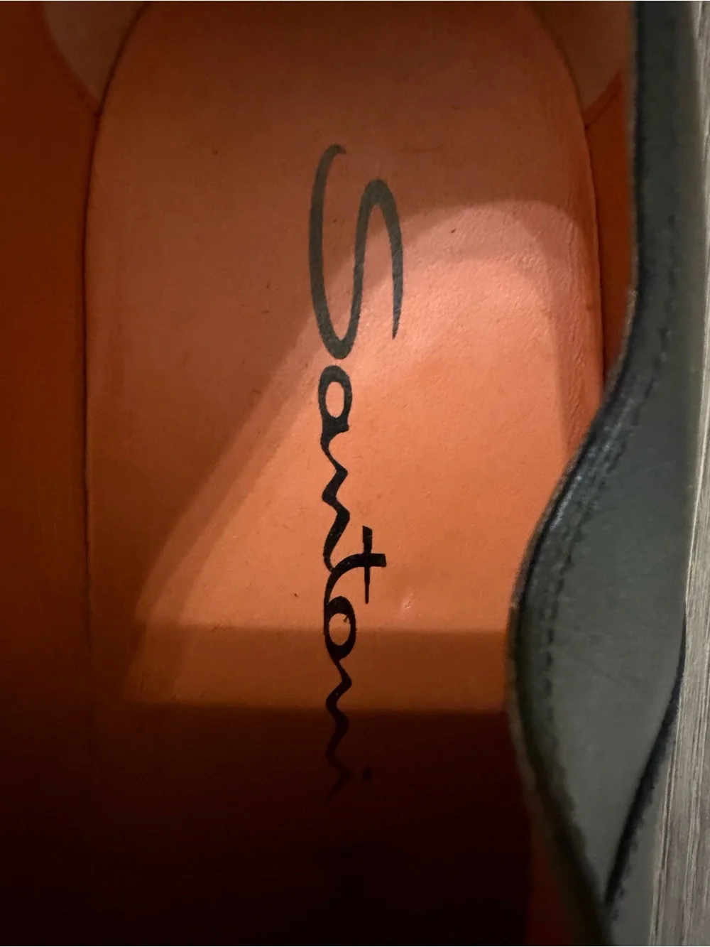 Santoni Black Leather Cap-Toe Derby with Orange Liner ( Left Leg )